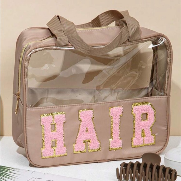 Rebellious Rose Handbags - 1pc Waterproof Transparent Pu Cosmetic Bag With Embroidered Letters